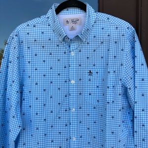 Penguin Cyan/White Checked Short Sleeve Buttoned Navy Palm Shirt M